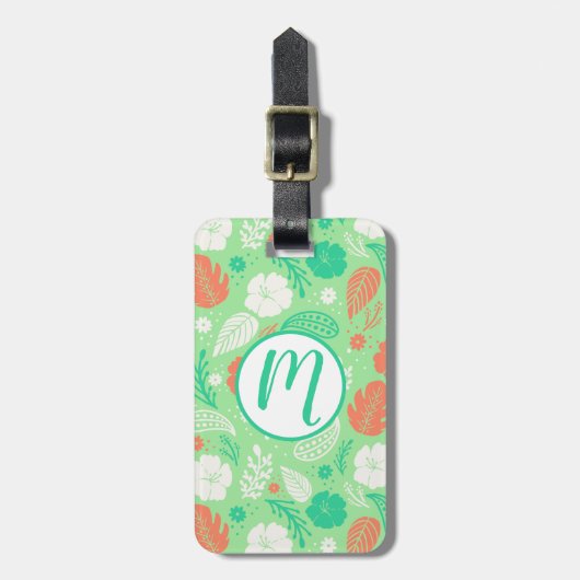 緑とオレンジの熱帯の葉のパターン ラゲッジタグ (正面縦)