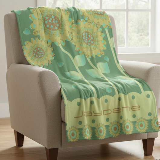 緑とカラメルブラウンのハートを持つ花 フリースブランケット