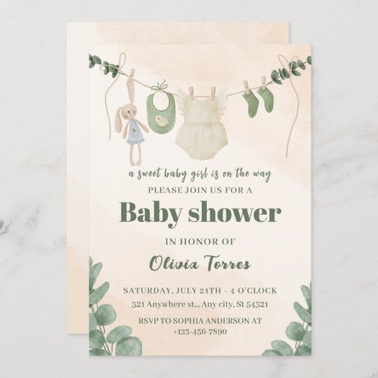 緑とクリームの水の色ベビーシャワー招待状 招待状 (正面/裏面)