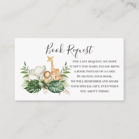緑とサファリの動物のブックリクエスト エンクロージャーカード (正面)