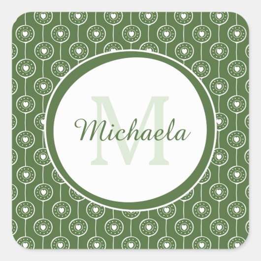 緑とスタイリッシュ白のハートモノグラム スクエアシール (正面)
