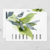 緑とターコイズの水彩植物葬儀感謝カード サンキューカード (正面/裏面)