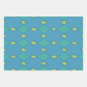 緑とティール(緑がかった色)のイカットパターン ラッピングペーパーシート (正面)