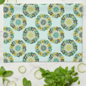 緑とティール（緑がかった色）のモダン幾何学的な花模様 キッチンタオル (折り畳み)