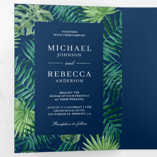 緑とネイビーブルーパーム葉トロピカル結婚ス 三つ折り招待状 (内部最初)