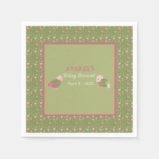 緑とピンクかわいい鳥の赤ちゃんシャワー紙ナプキン スタンダードカクテルナプキン (正面)