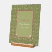 緑とピンクかわいい鳥の赤ちゃんシャワー アクリルサイン (傾斜)