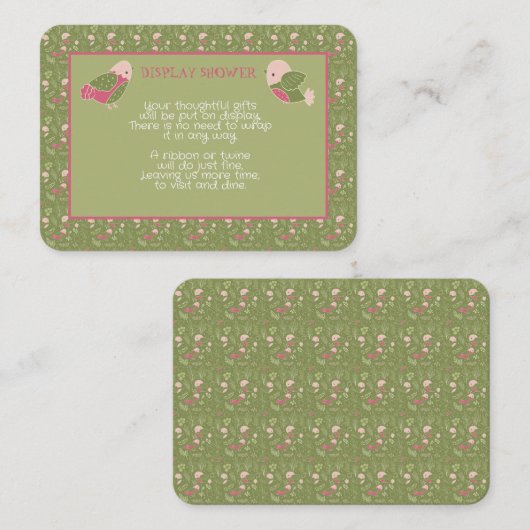 緑とピンクかわいい鳥の赤ちゃん女の子ディスプレイシャワー エンクロージャーカード (正面/裏面)