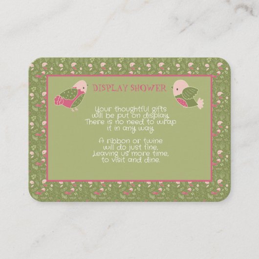 緑とピンクかわいい鳥の赤ちゃん女の子ディスプレイシャワー エンクロージャーカード (正面)