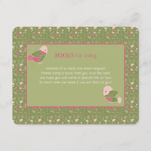 緑とピンクのかわいい鳥の本をベビー エンクロージャーカード (正面)