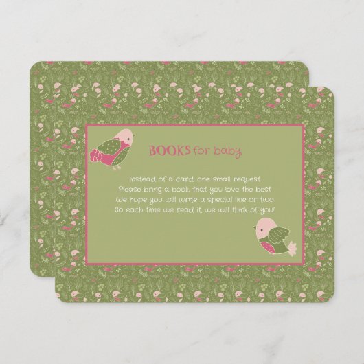 緑とピンクのかわいい鳥の本をベビー エンクロージャーカード (正面/裏面)
