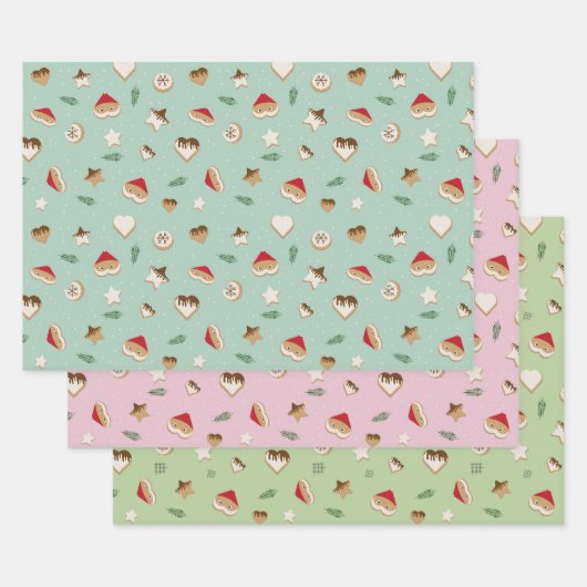 緑とピンクのクリスマスクッキー ラッピングペーパーシート (セット)