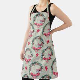 緑とピンクのクリスマスリースと（鳥）ショウジョウコウカンチョウ エプロン