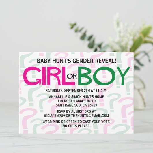 緑とピンクのジェンダーリビールベビーシャワーパーティー 招待状 (スタンド正面)