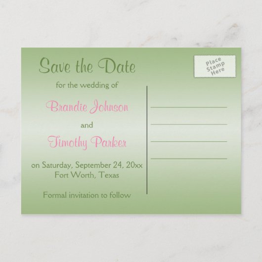 緑とピンクのダマスク日付はがきを保存 案内ポストカード (裏面)