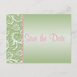 緑とピンクのダマスク日付はがきを保存 案内ポストカード