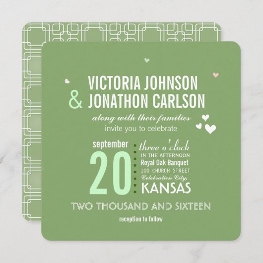 緑とピンクのトレンディー幾何学的タイポグラフィ結婚ズ 招待状 (正面/裏面)