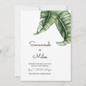 緑とピンクのバナナパームリーフトロピカル 招待状 (正面)