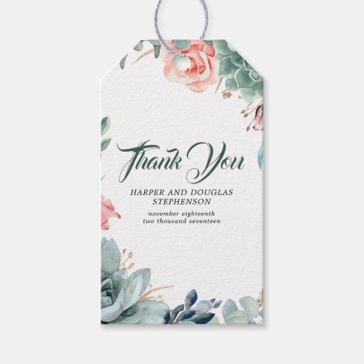緑とピンクのバラのエレガント植物学結婚院 ギフトタグ (正面)