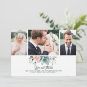 緑とピンクのバラの多肉植物3枚の写真結婚の数 サンキューカード (スタンド正面)