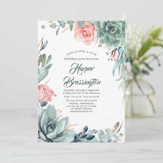 緑とピンクのバラの誕生日パーティー 招待状 (スタンド正面)