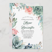 緑とピンクのバラの誕生日パーティー 招待状 (正面/裏面)