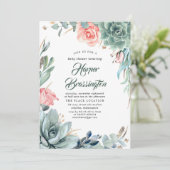 緑とピンクのバラの赤ちゃんシャワーの多肉植物 招待状 (スタンド正面)