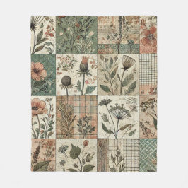 緑とピンクのパッチワーク素朴レトロヴィンテージフローラ フリースブランケット