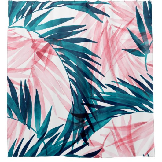 緑とピンクのパーム葉のパターン シャワーカーテン (正面)