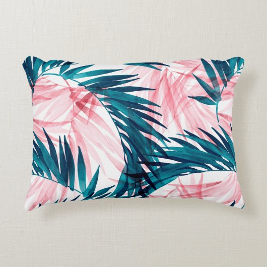 緑とピンクのパ葉ームの模様 アクセントクッション (正面)