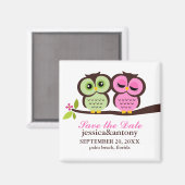 緑とピンクのフクロウ結婚ズ マグネット (正面/裏面)