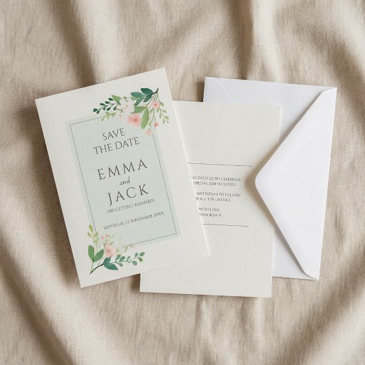 緑とピンクのフローラソフトウェディングは日付を保存 セーブザデート