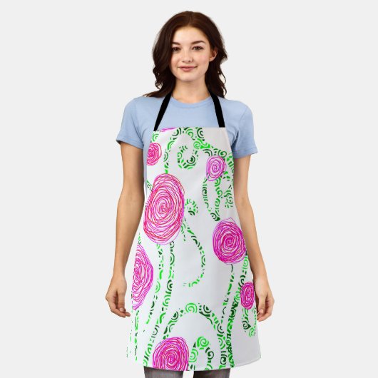 緑とピンクのフローラ エプロン (着用した状態)