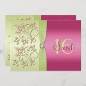 緑とピンクのフローラSweet sixteen招待状 招待状 (正面/裏面)
