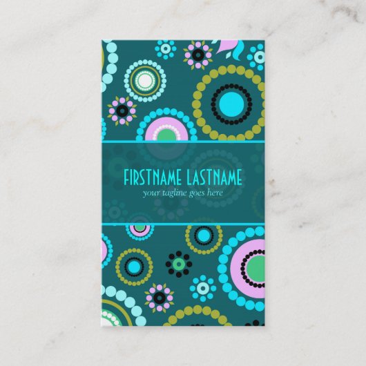 緑とピンクのレトロサークルと花のパターン 名刺 (正面)