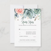 緑とピンクのローズエレガントな結婚式RSVP 出欠カード (正面)