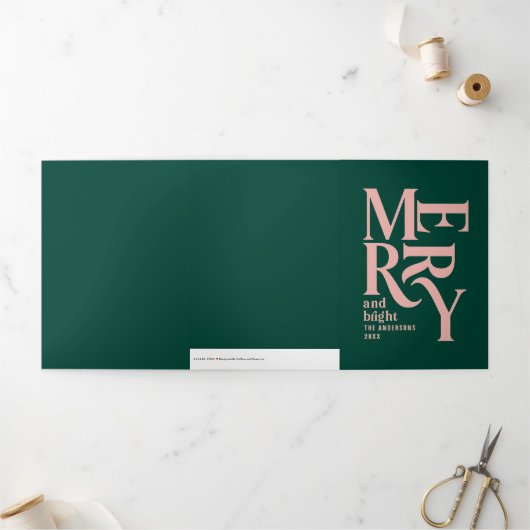 緑とピンクのヴィンテージメリーチャリッツマ数々のス写真 三つ折りクリスマスカード (外部)