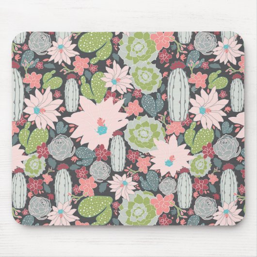 緑とピンクの多肉植物とサボテン マウスパッド (正面)
