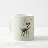 緑とピンクの帽子のリボンの犬 コーヒーマグカップ (正面左)
