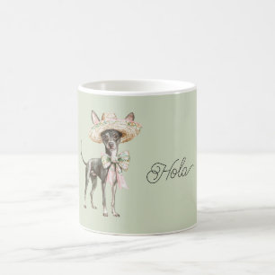 緑とピンクの帽子のリボンの犬 コーヒーマグカップ