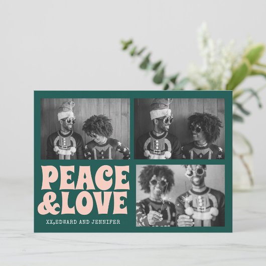 緑とピンクの平和と愛のクリスマスフォト カード