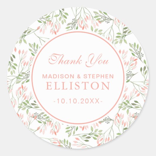 緑とピンクの植物水色 |ありがとうございます ラウンドシール (正面)