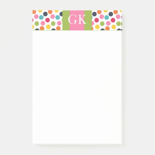 緑とピンクの水玉模様モノグラム投稿Itメモ ポストイット (正面)