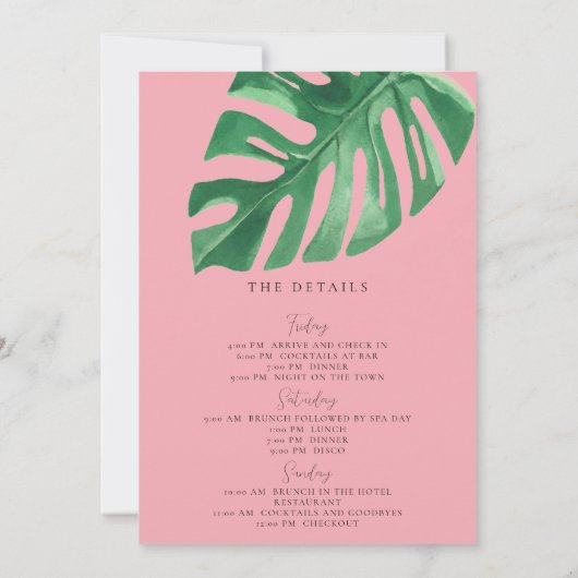 緑とピンクの熱帯モンステラバチェロレッテ 招待状 (裏面)