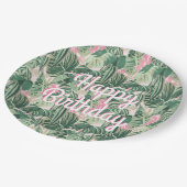 緑とピンクの熱帯葉国 |ハッピーバースデー ペーパープレート (アングル)