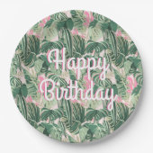 緑とピンクの熱帯葉国 |ハッピーバースデー ペーパープレート (正面)