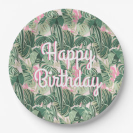 緑とピンクの熱帯葉国 |ハッピーバースデー ペーパープレート