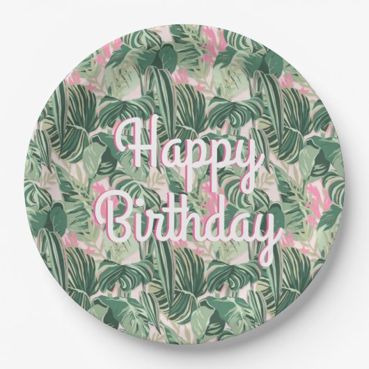 緑とピンクの熱帯葉国 |ハッピーバースデー ペーパープレート (正面)