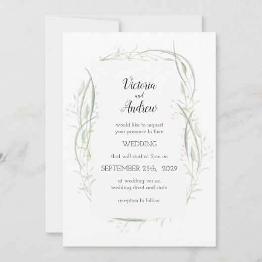 緑とピンクの繊細なフローラ結婚式招待状 招待状 (正面)