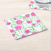 緑とピンクの花のつる植物 スクエアペーパーコースター (アングル)